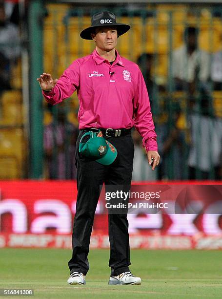 Field umpire Richard Kettleborough signals a boundary during the ICC World Twenty20 India 2016 match between Australia and Bangladesh at the...