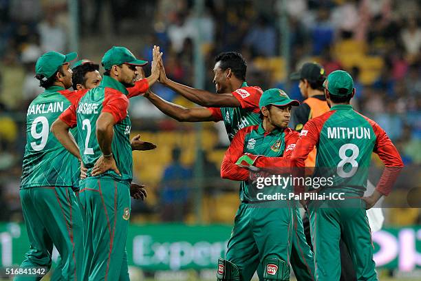 Al-Amin Hossain of Bangladesh after getting Usman Khawaja of Australia during the ICC World Twenty20 India 2016 match between Australia and...