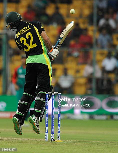 Glenn Maxwell of Australia leaves a ball during the ICC World Twenty20 India 2016 match between Australia and Bangladesh at the Chinnaswamy stadium...