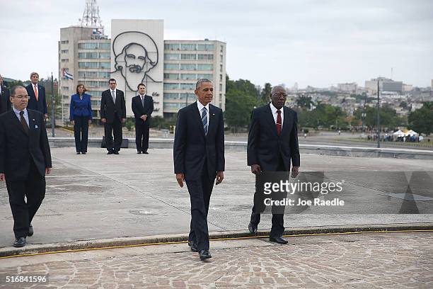 President Barack Obama takes part in a wreath laying ceremony with Salvador Valdes Mesa, Vice President of the Council of Ministry, at the Jose Marti...