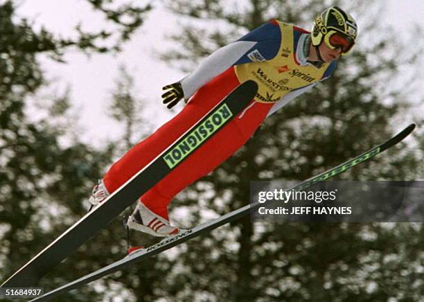 Todd Lodwick of the US jumps from the 112-meter hill to secure second place along with teammate Tim Tetreault in the Men's Nordic Combined World Cup...