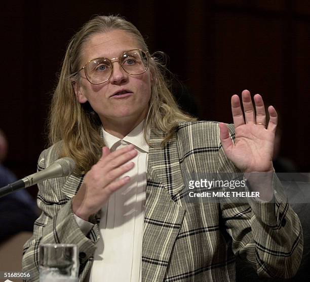 Special Agent Colleen Rowley testifies in the Senate Judiciary Committee room 6 June 2002 on Capitol Hill in Washington, DC during a hearing on the...