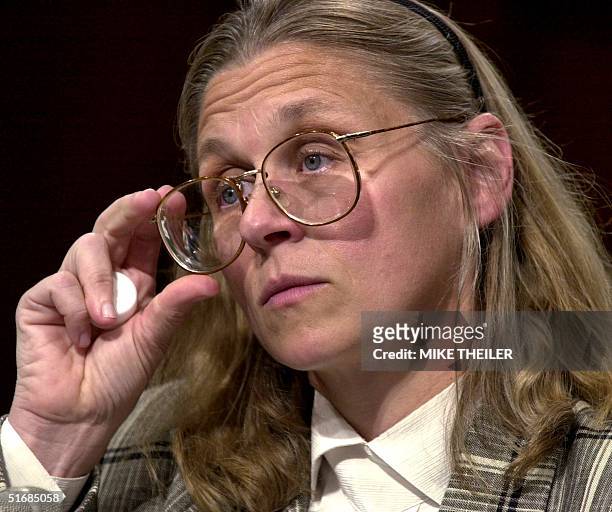 Minneapolis-based FBI agent Colleen Rowley testifies in the US Senate Judiciary Committee room 06 June 2002 on Capitol Hill in Washington, DC, during...