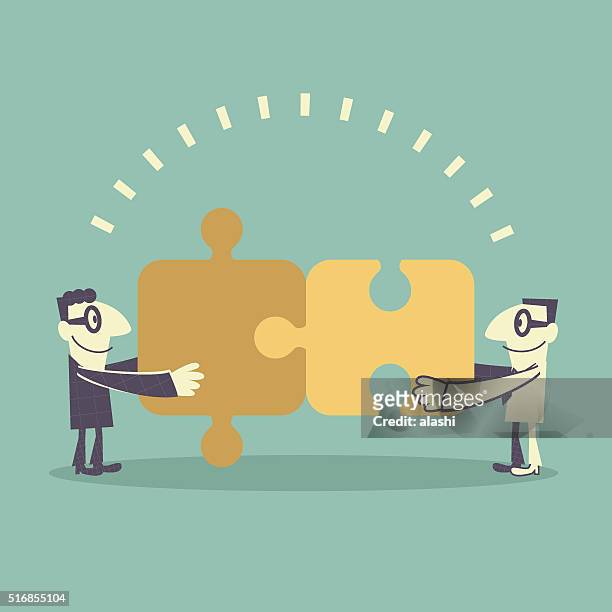business team (businessman) assembling jigsaw puzzle (putting puzzle together) - two people stock illustrations