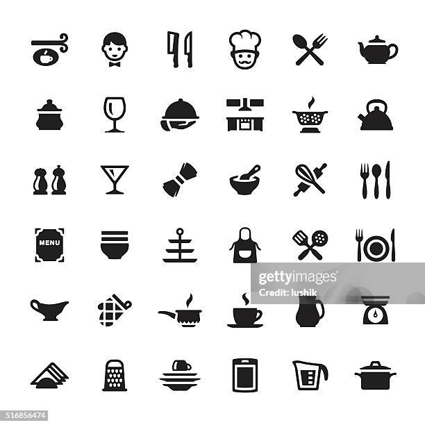 ilustraciones, imágenes clip art, dibujos animados e iconos de stock de utensilio para cocinar & cocina de vectores iconos y símbolos - camarero