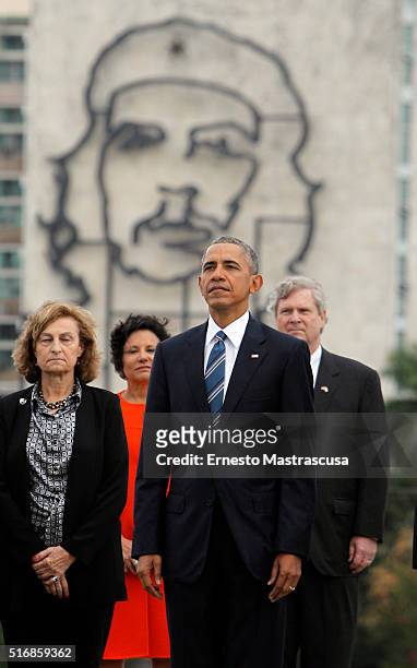 President Barack Obama as he takes part in a wreath laying ceremony at the Jose Marti memorial in Revolution Square on March 21, 2016 in Havana,...