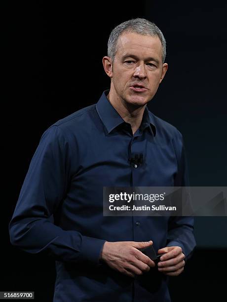 Apple COO Jeff Williams speaks during an Apple special event at Apple headquarters on March 21, 2016 in Cupertino, California. Apple CEO TIm Cook...
