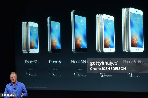 Apple Vice President of Product Marketing Gregory Joswiak introduces the new iPhone SE during a media event at Apple headquarters in Cupertino,...