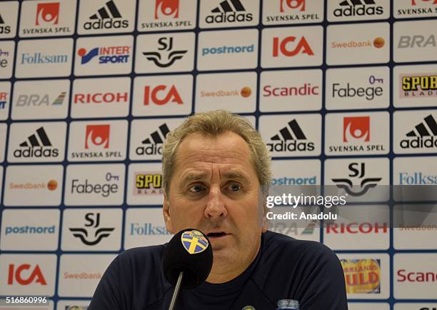 Manager of the Swedish national football team, Erik Hamren delivers a speech during a press conference ahead of the match between Sweden and Turkey...
