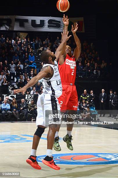 Maalik Wayns of Openjobmetis competes with Kenny Hasbrouck of Obiettivo Lavoro during the LegaBasket match between Virtus Obiettivo Lavoro vs...