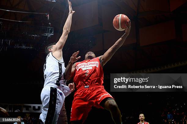 Maalik Wayns of Openjobmetis competes with Simone Fontecchio of Obiettivo Lavoro during the LegaBasket match between Virtus Obiettivo Lavoro vs...