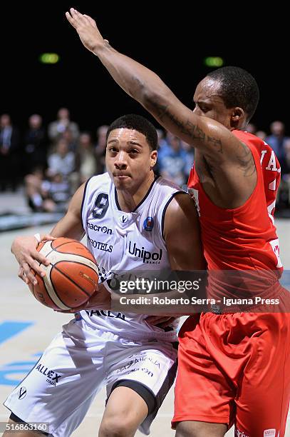 Abdul Gaddy of Obiettivo Lavoro competes with Maalik Wayns of Openjobmetis during the LegaBasket match between Virtus Obiettivo Lavoro vs...