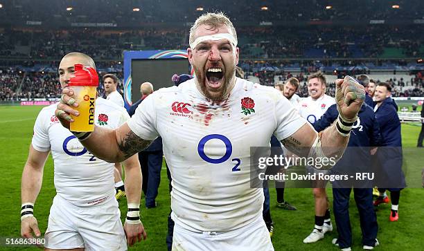 James Haskell of England celebrates after their victory during the RBS Six Nations match between France and England at Stade de France on March 19,...