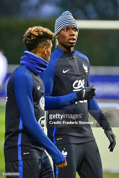 France's midfielder Paul Pogba reacts during a training session on March 21, 2016 Clairefontaine, France. The first day of their training ahead of...