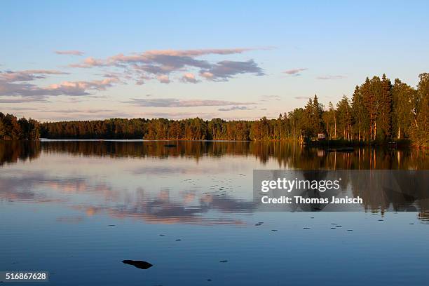 forest wilderness and cloud reflections in one of the lakes of tiveden national park during sunset - laxa stock pictures, royalty-free photos & images