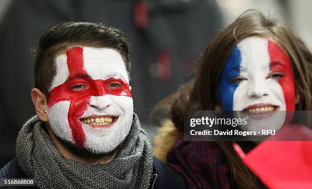 England fan and France fan look on during the RBS Six Nations match between France and England at Stade de France on March 19, 2016 in Paris, France.