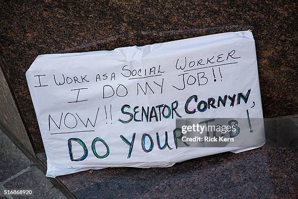 General view of atmosphere outside of Senator John Cornyn's office building during National Day Of Action calling on Senate Republicans to 'Do Your...