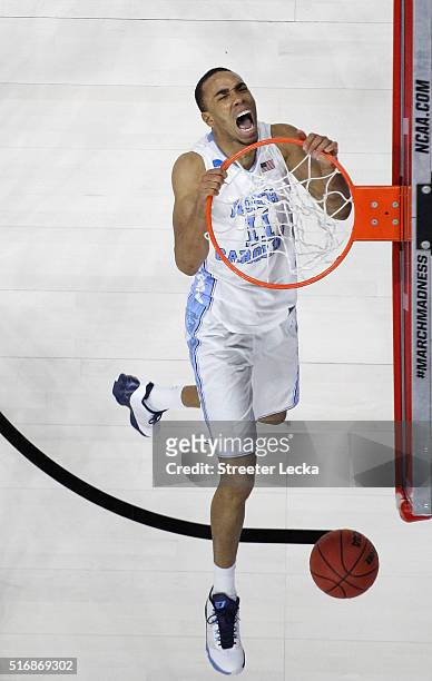 Brice Johnson of the North Carolina Tar Heels reacts after a basket against the Providence Friars during the second round of the NCAA Men's...
