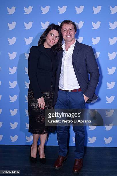 Geppi Cucciari and Paride Vitale attend Twitter's 10th Anniversary party on March 21, 2016 in Milan, Italy.