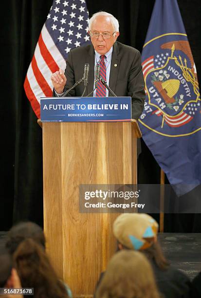 Democratic presidential candidate Bernie Sanders gives a foreign policy speech before a campaign rally at West High School on March 21, 2016 in Salt...