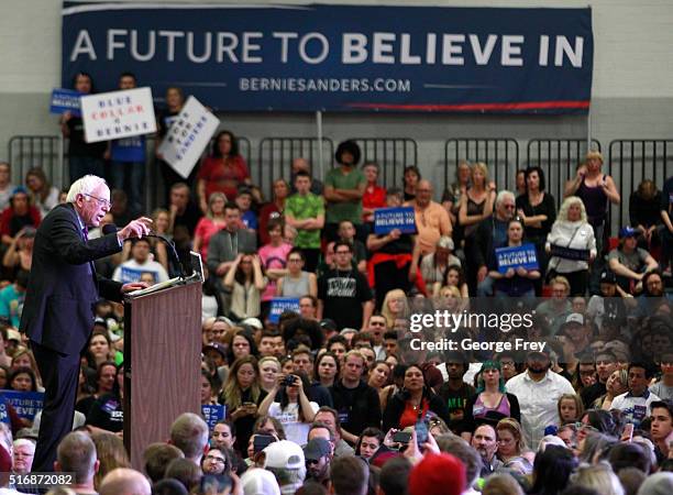 Democratic presidential candidate Bernie Sanders speaks during a campaign rally at West High School on March 21, 2016 in Salt Lake City, Utah. The...