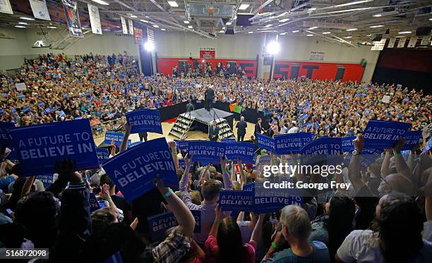 Democratic presidential candidate Bernie Sanders speaks during a campaign rally at West High School on March 21, 2016 in Salt Lake City, Utah. The...