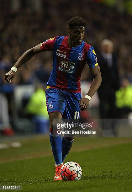 Wilfred Zaha of Crystal Palace in action during The Emirates FA Cup Sixth Round round match between Reading and Crystal Palace at Madejski Stadium on...