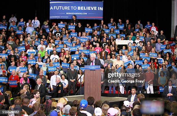 Democratic presidential candidate Bernie Sanders speaks during a campaign rally at West High School on March 21, 2016 in Salt Lake City, Utah. The...