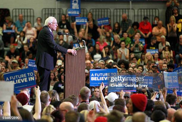 Democratic presidential candidate Bernie Sanders speaks during a campaign rally at West High School on March 21, 2016 in Salt Lake City, Utah. The...