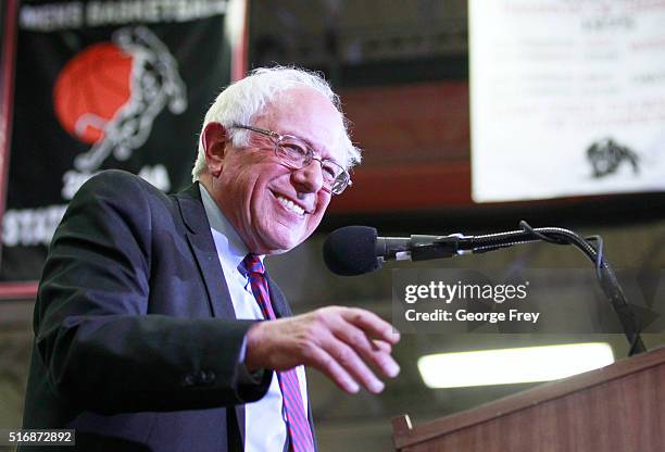 Democratic presidential candidate Bernie Sanders speaks during a campaign rally at West High School on March 21, 2016 in Salt Lake City, Utah. The...