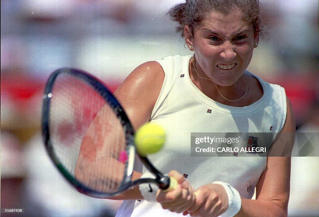 Monica Seles hits the ball in the second set durin