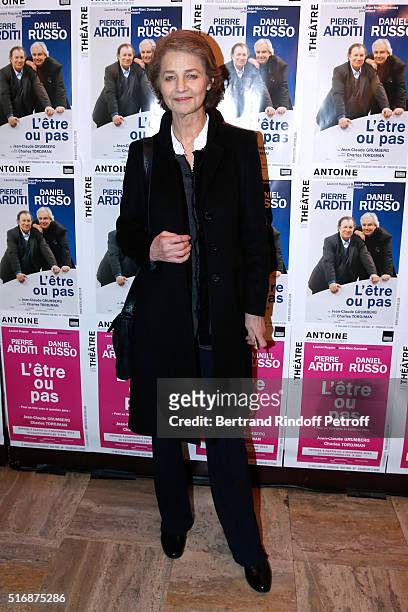 Actress Charlotte Rampling attends the "L'Etre ou pas" : Theater play at Theatre Antoine on March 21, 2016 in Paris, France.