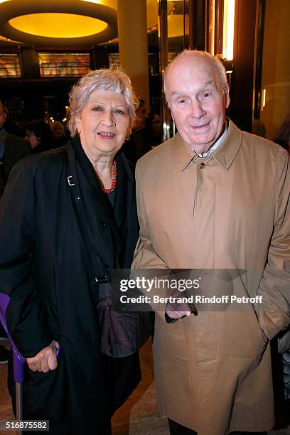 Actor Michel Bouquet and his wife actress Juliette Carre attend the "L'Etre ou pas" : Theater play at Theatre Antoine on March 21, 2016 in Paris,...