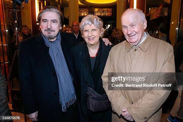 Singer Serge Lama with Actor Michel Bouquet and his wife actress Juliette Carre attend the "L'Etre ou pas" : Theater play at Theatre Antoine on March...