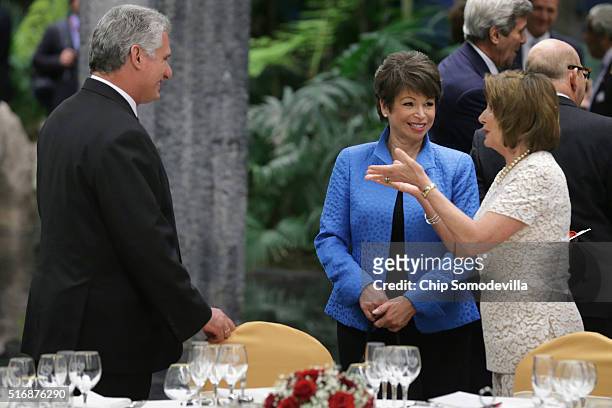 Cuban Vice President Miguel Daz-Canel talks with White House Senior Advisor Valerie Jarrett and House Minority Leader Nancy Pelosi during a state...
