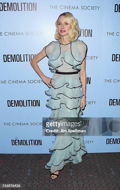 Actress Naomi Watts attends the Fox Searchlight Pictures with The Cinema Society host a screening of "Demolition" at the SVA Theater on March 21,...