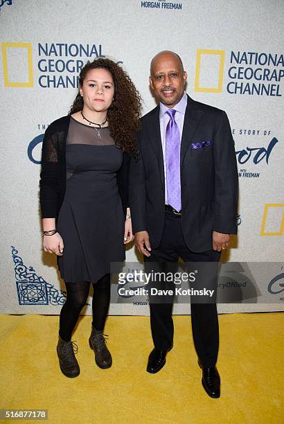 Daughter Lily Santiago-Hudson and Father Ruben Santiago-Hudson attend the world premiere of National Geographic's 'The Story Of God' with Morgan...