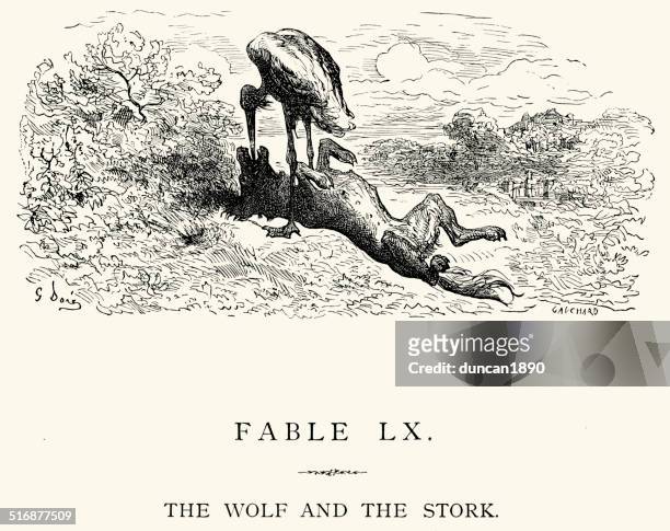 la fontaine's fables - wolf and the stork - jean de la fontaine stock illustrations