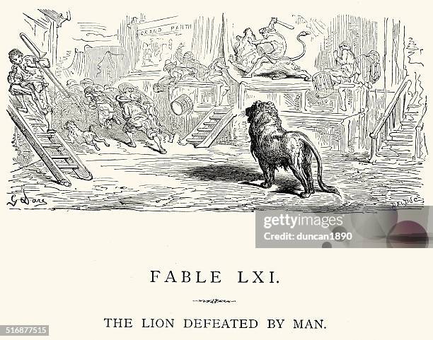 la fontaine's fables - the lion defeated by man - jean de la fontaine stock illustrations