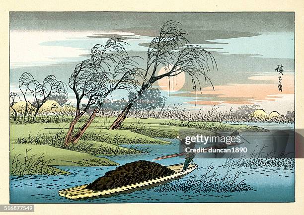 japanese landscape by hiroshige - japanese ethnicity stock illustrations