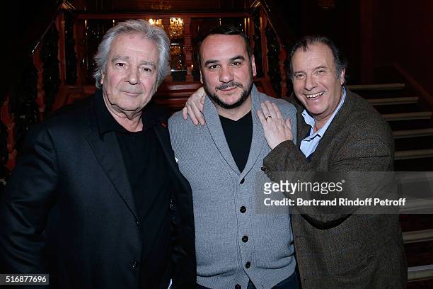 Actor Francois Xavier Demaison standing between Actors of the Piece, Pierre Arditi and Daniel Russo attend the "L'Etre ou pas" : Theater play at...