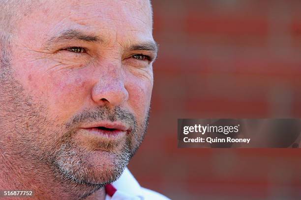 Peter Moody speaks to the media during a press conference on March 22, 2016 in Melbourne, Australia.