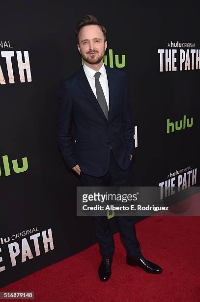 Actor Aaron Paul arrives during the premiere of Hulu's "The Path" at ArcLight Hollywood on March 21, 2016 in Hollywood, California.