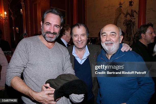 Actor Jean Dujardin, Actor of the Piece Daniel Russo and Actor Gerard Jugnot attend the "L'Etre ou pas" : Theater play at Theatre Antoine on March...
