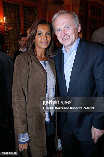 Host Karine Le Marchand and Vice-President of M6 Group Thomas Valentin attend the "L'Etre ou pas" : Theater play at Theatre Antoine on March 21, 2016...