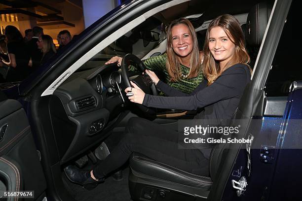 Dana Schweiger and her daughter Lilli Schweiger sit in the car during the Maserati 'Levante' Launch event on March 21, 2016 in Frankfurt am Main,...