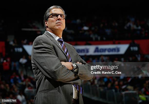 Randy Wittman of the Washington Wizards looks on during the game against the Atlanta Hawks at Philips Arena on March 21, 2016 in Atlanta, Georgia....