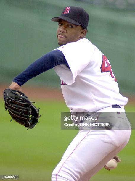 Boston Red Sox pitcher Pedro Martinez pitches in the second inning against Seattle Mariners 18 May 2002 at the Fenway Park in Boston, Massachusetts....