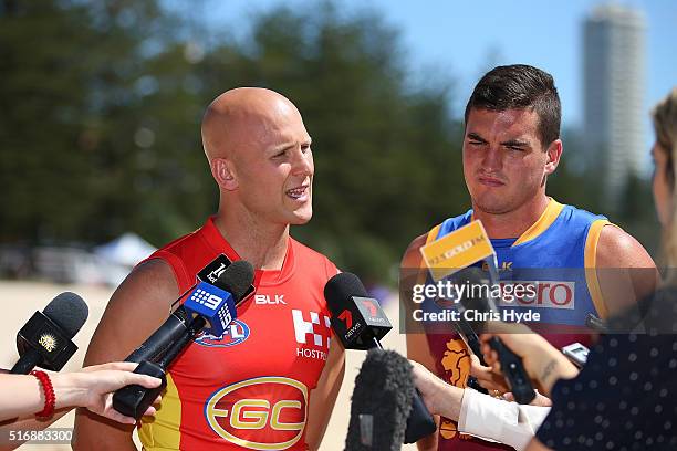 Gold Coast Suns captain Gary Ablett and Brisbane Lions captain Tom Rockliff speak to media during a press conference at Oskars on Burleigh on March...