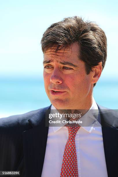 Gillon McLachlan speaks to media during a press conference at Oskars on Burleigh on March 22, 2016 in Gold Coast, Australia.